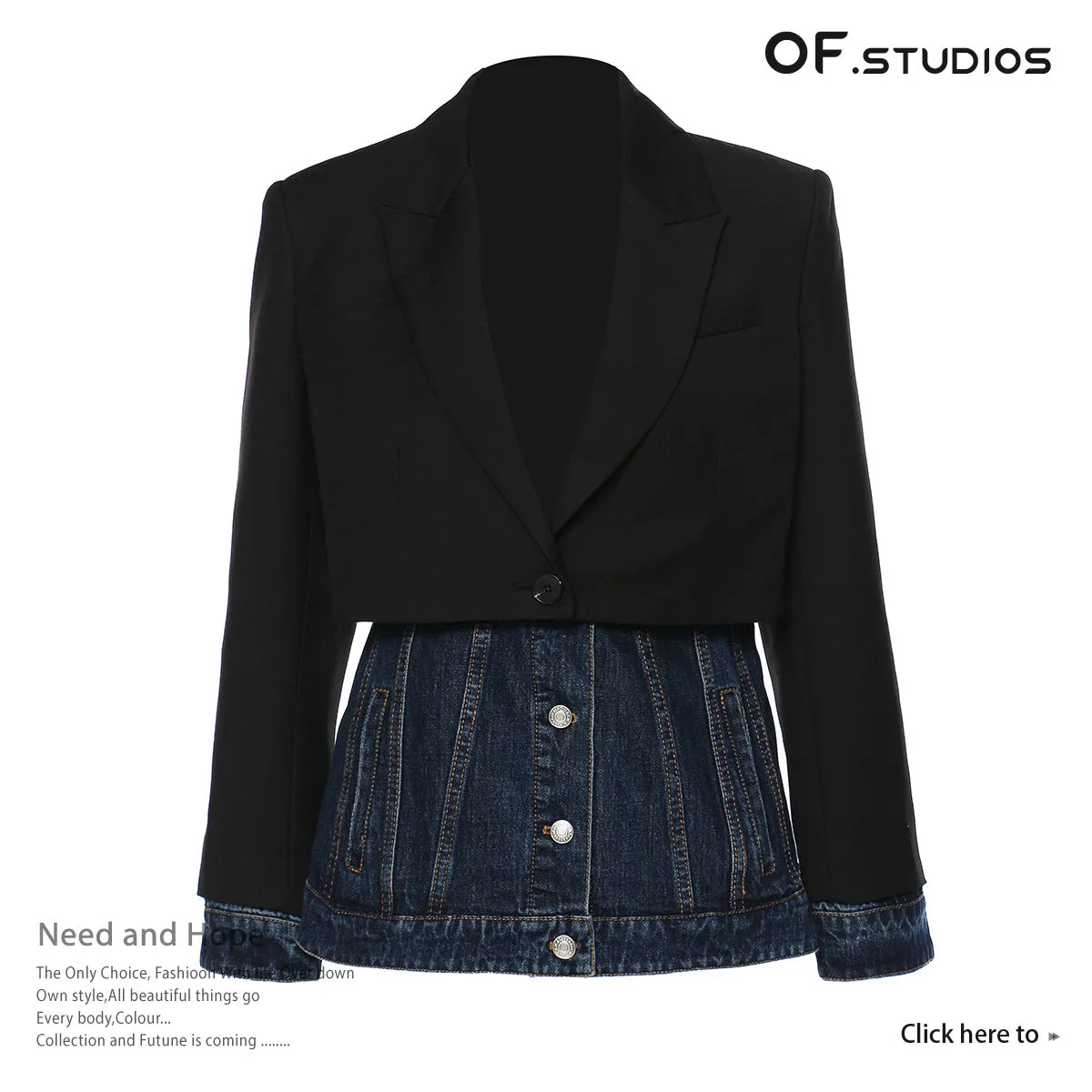 23 new product personality suit splicing denim fake two-piece suit jacket top women