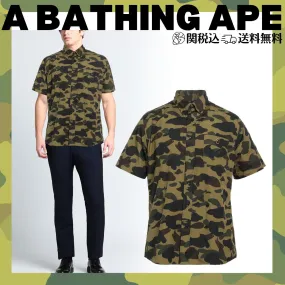 A BATHING APE  |Button-down Camouflage Cotton Short Sleeves Logo Military