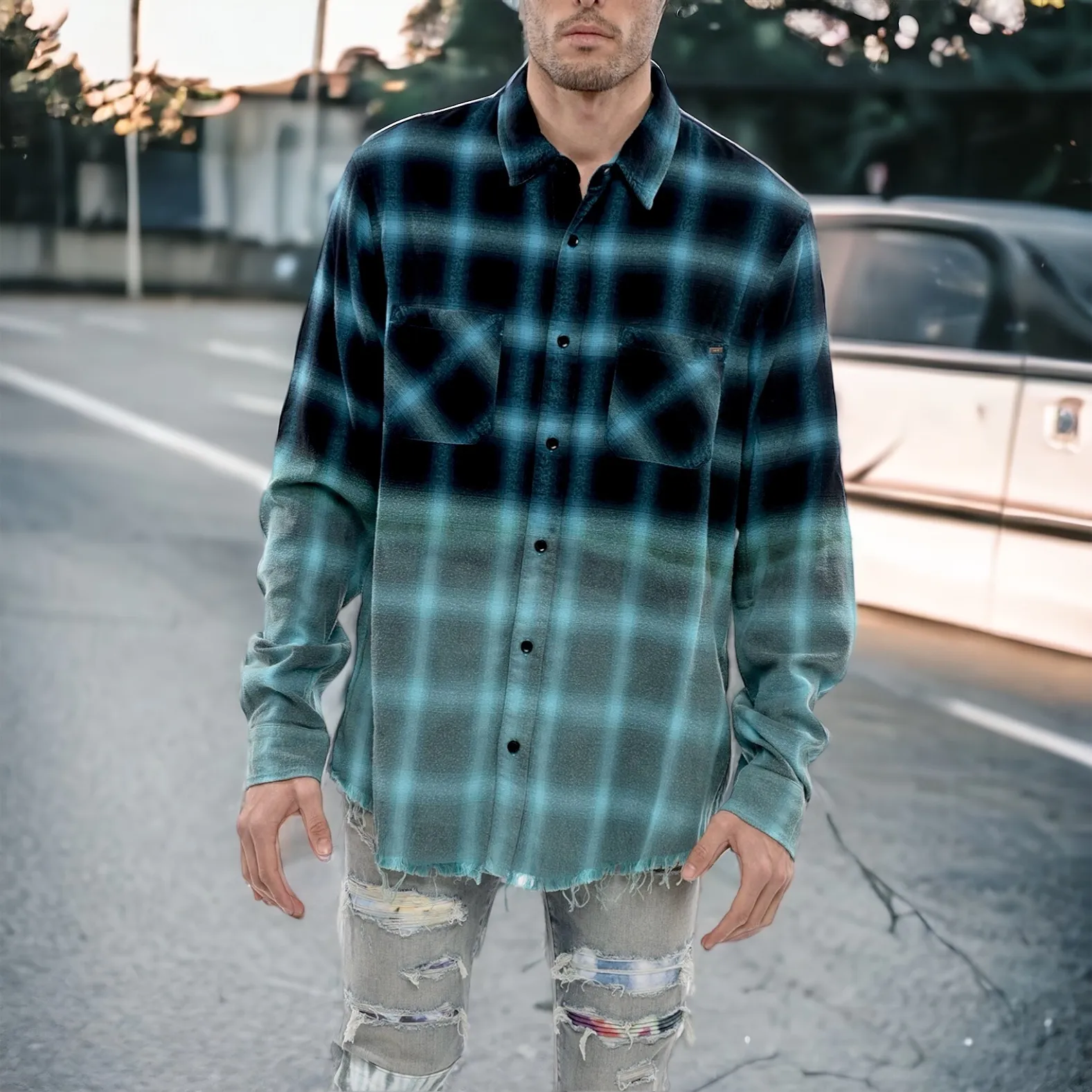 AMIRI  |Button-down Tartan Street Style Long Sleeves Cotton