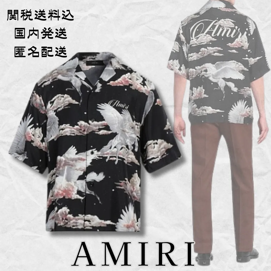 AMIRI  |Button-down Unisex Silk Street Style Short Sleeves Logo