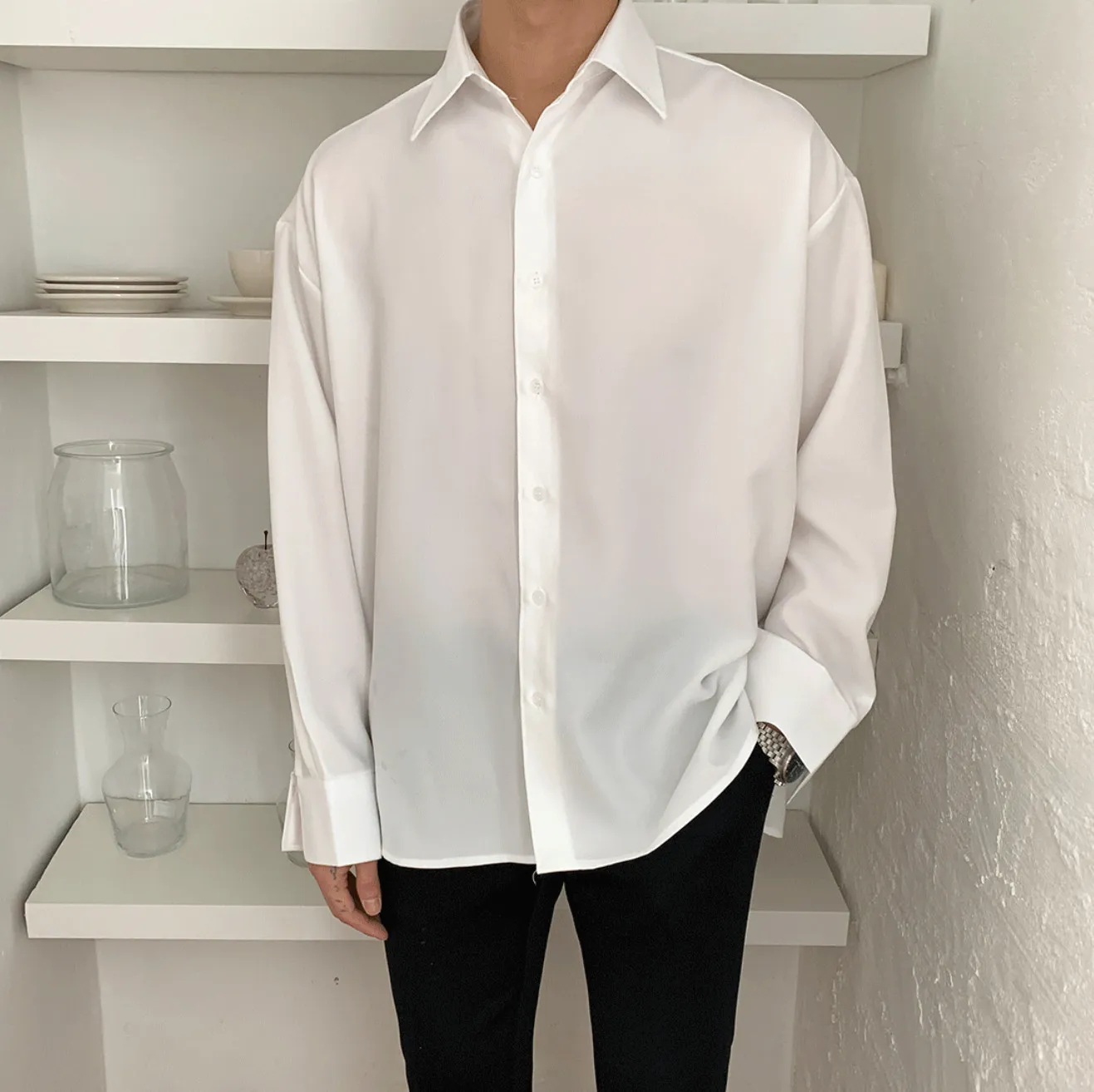 ASCLO  |Button-down Unisex Long Sleeves Plain Oversized Shirts