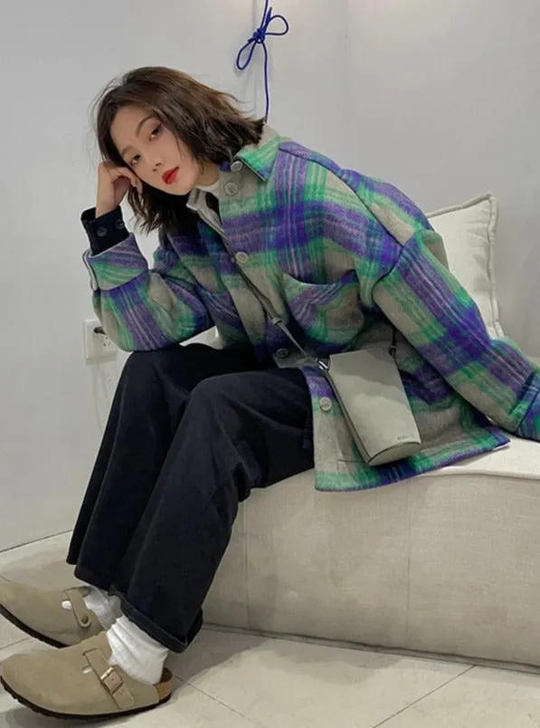 Autumn Winter Loose Casual Colorful Plaid Woolen Shacket Women Drop Shoulder Long Sleeve Luxury Designer Clothes 2022