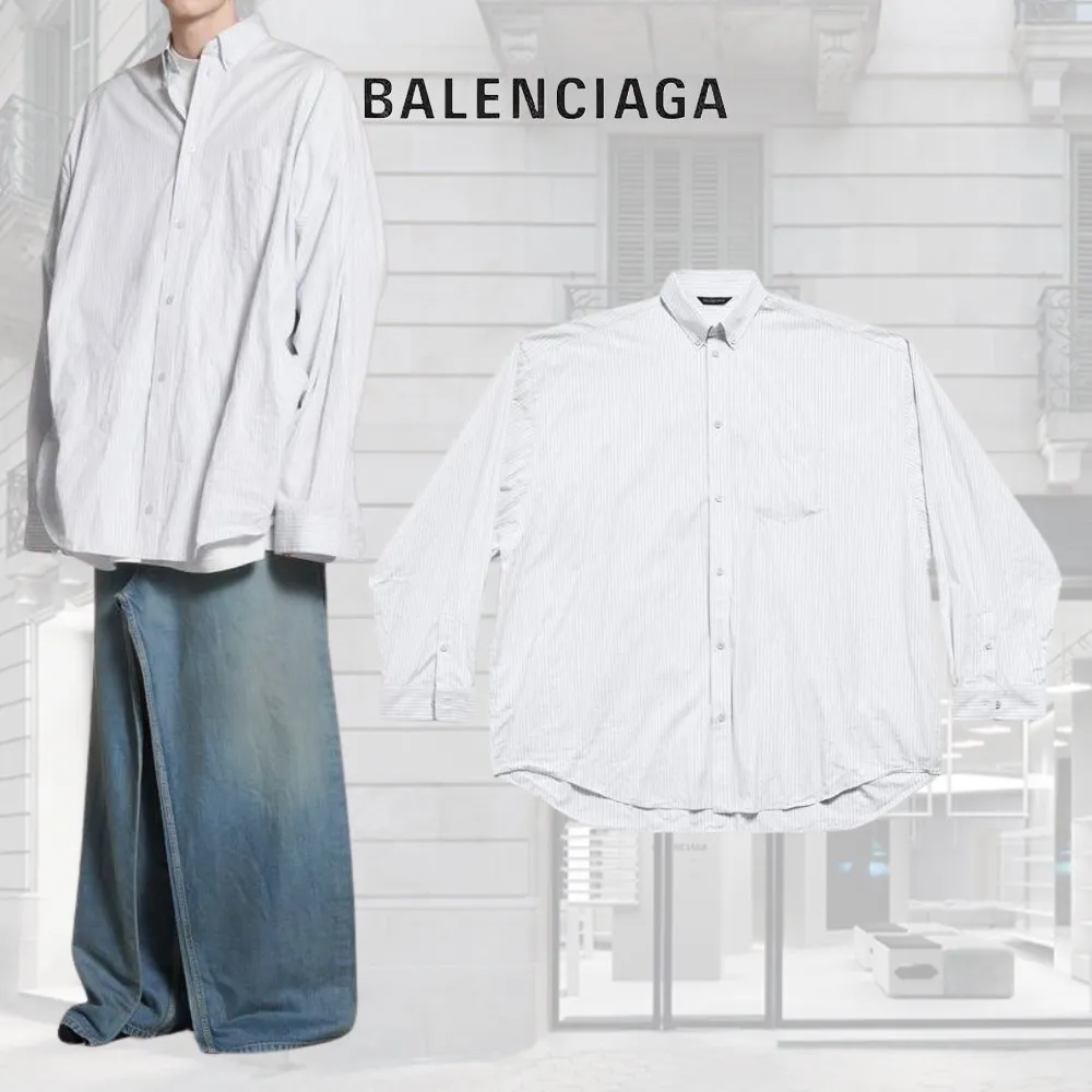 BALENCIAGA  |Button-down Stripes Long Sleeves Cotton Logo Front Button