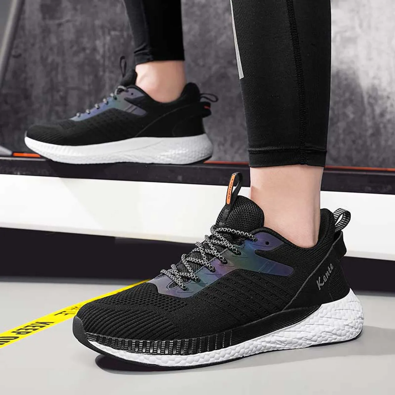 Black flyknit suede stripe sport shoe sneaker