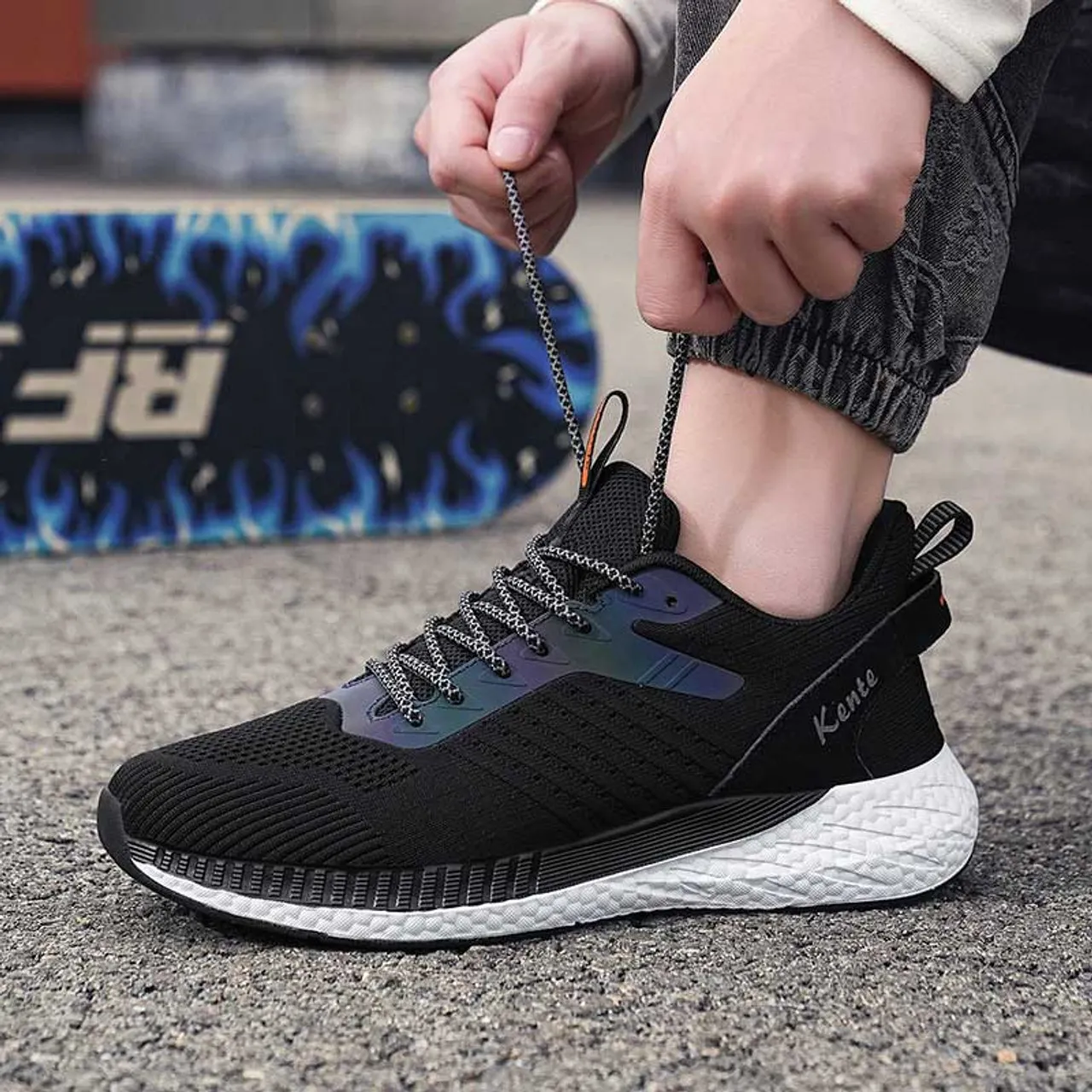 Black flyknit suede stripe sport shoe sneaker