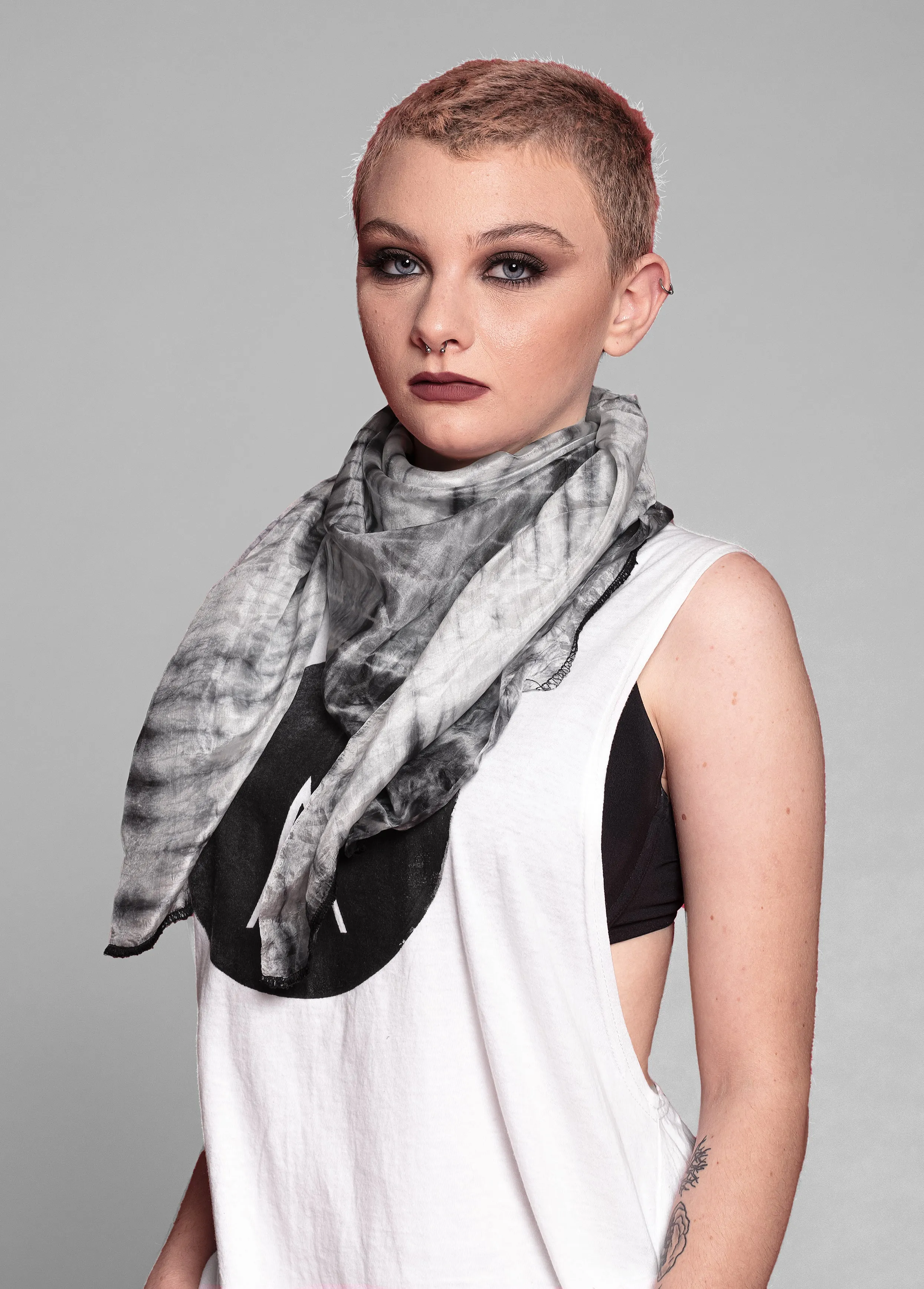 Black smoke tie dye genuine silk scarf | lightweight