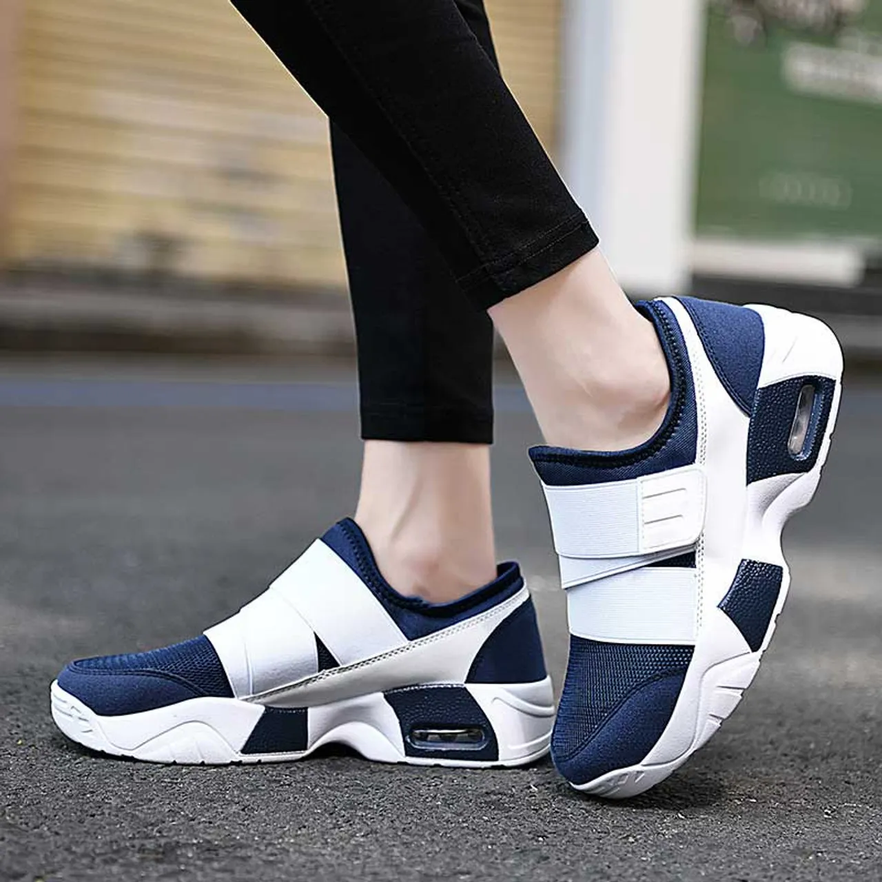 Blue white casual velcro slip on shoe sneaker