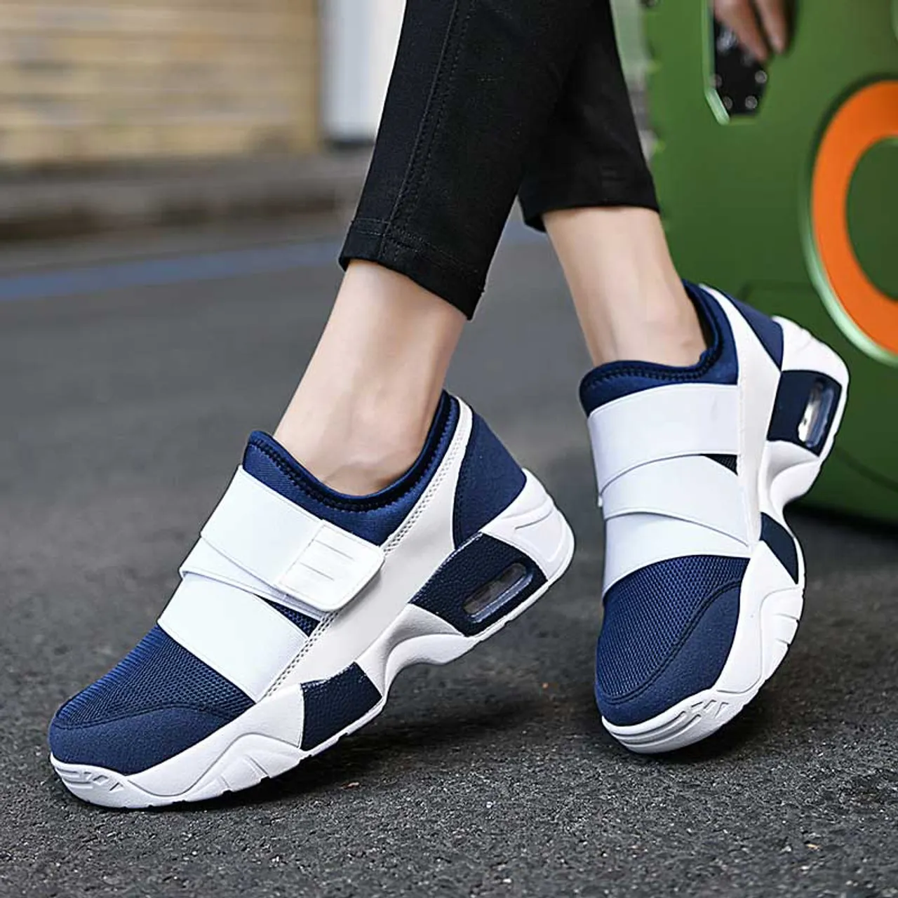 Blue white casual velcro slip on shoe sneaker