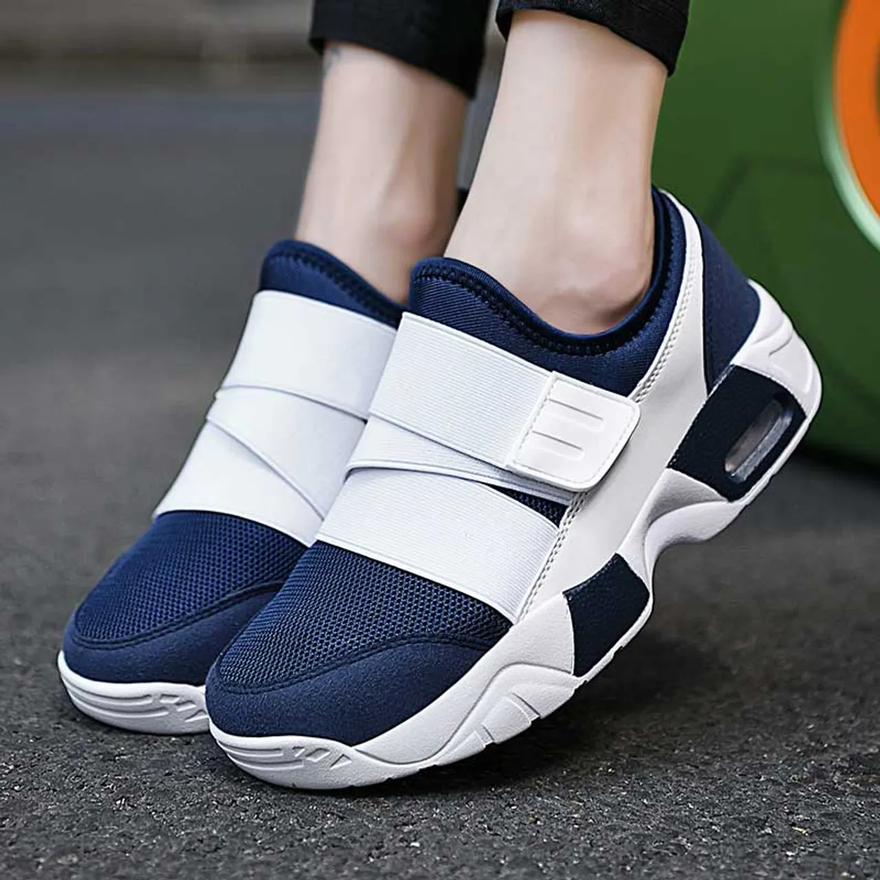 Blue white casual velcro slip on shoe sneaker