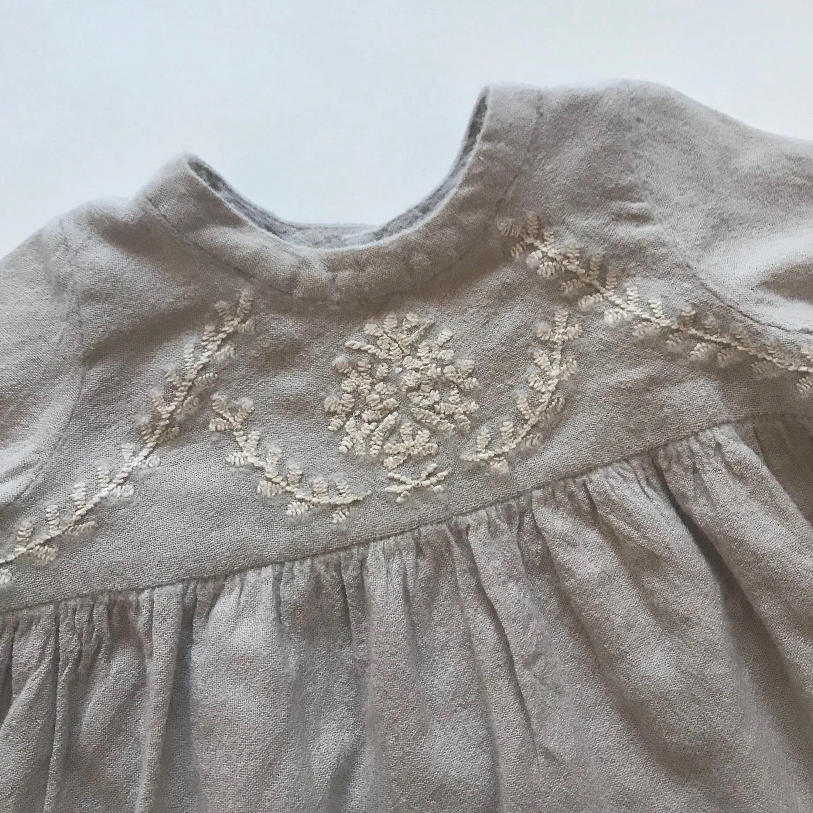 Bonpoint Taupe Wool Mix Dress with Embroidery