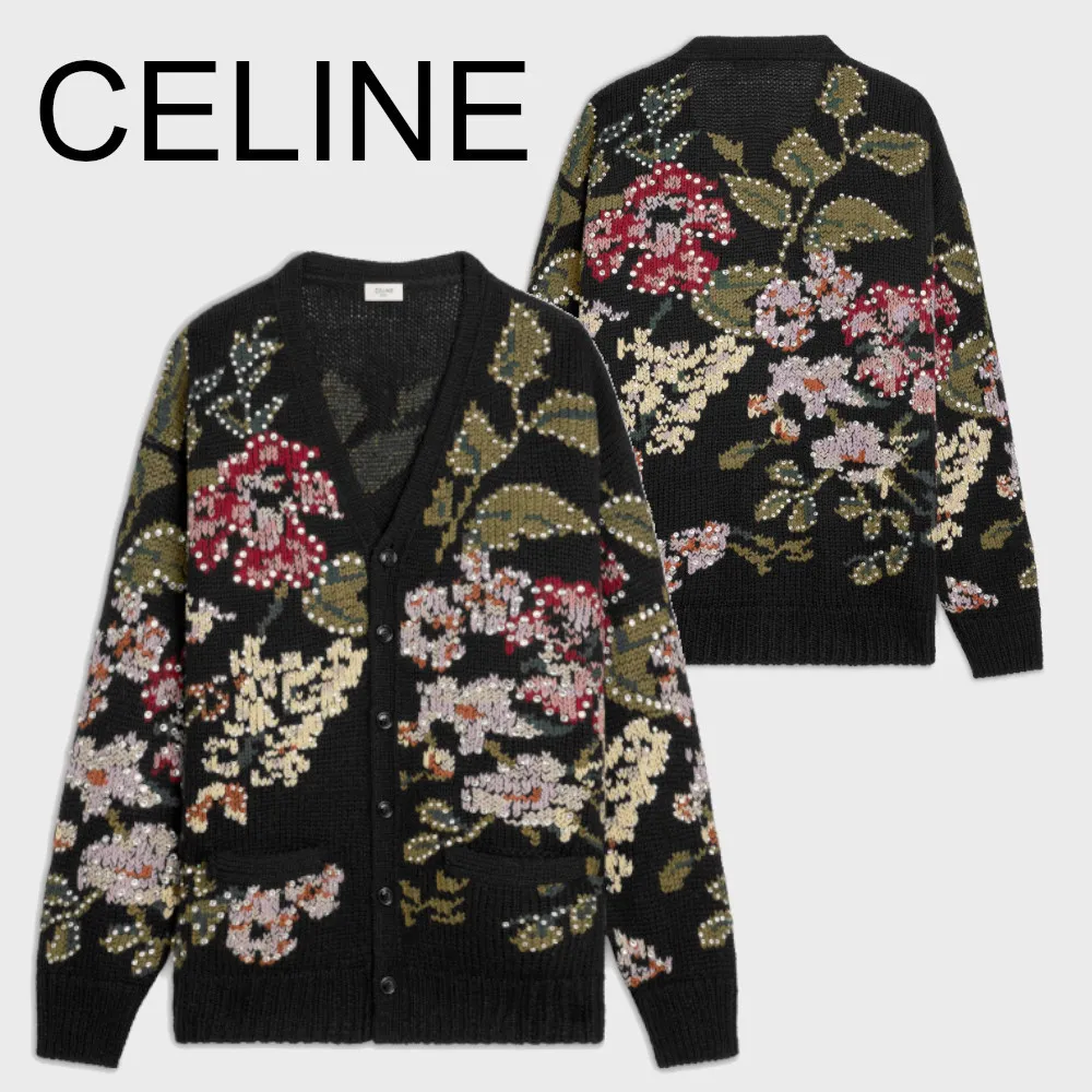 CELINE  |Button-down Flower Patterns Unisex Wool With Jewels Logo