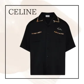 CELINE  |Button-down Leopard Patterns Plain Logo Luxury Shirts