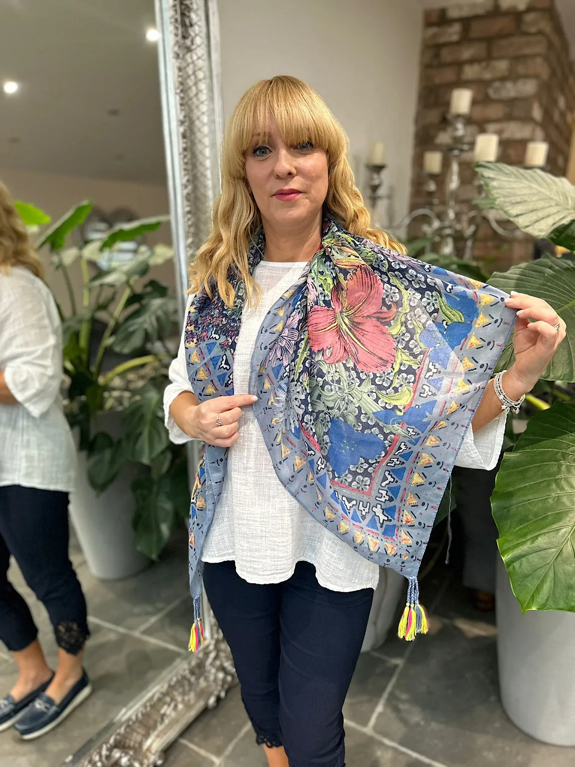 Denim Floral Aztec Border Tassel Scarf