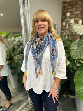 Denim Floral Aztec Border Tassel Scarf