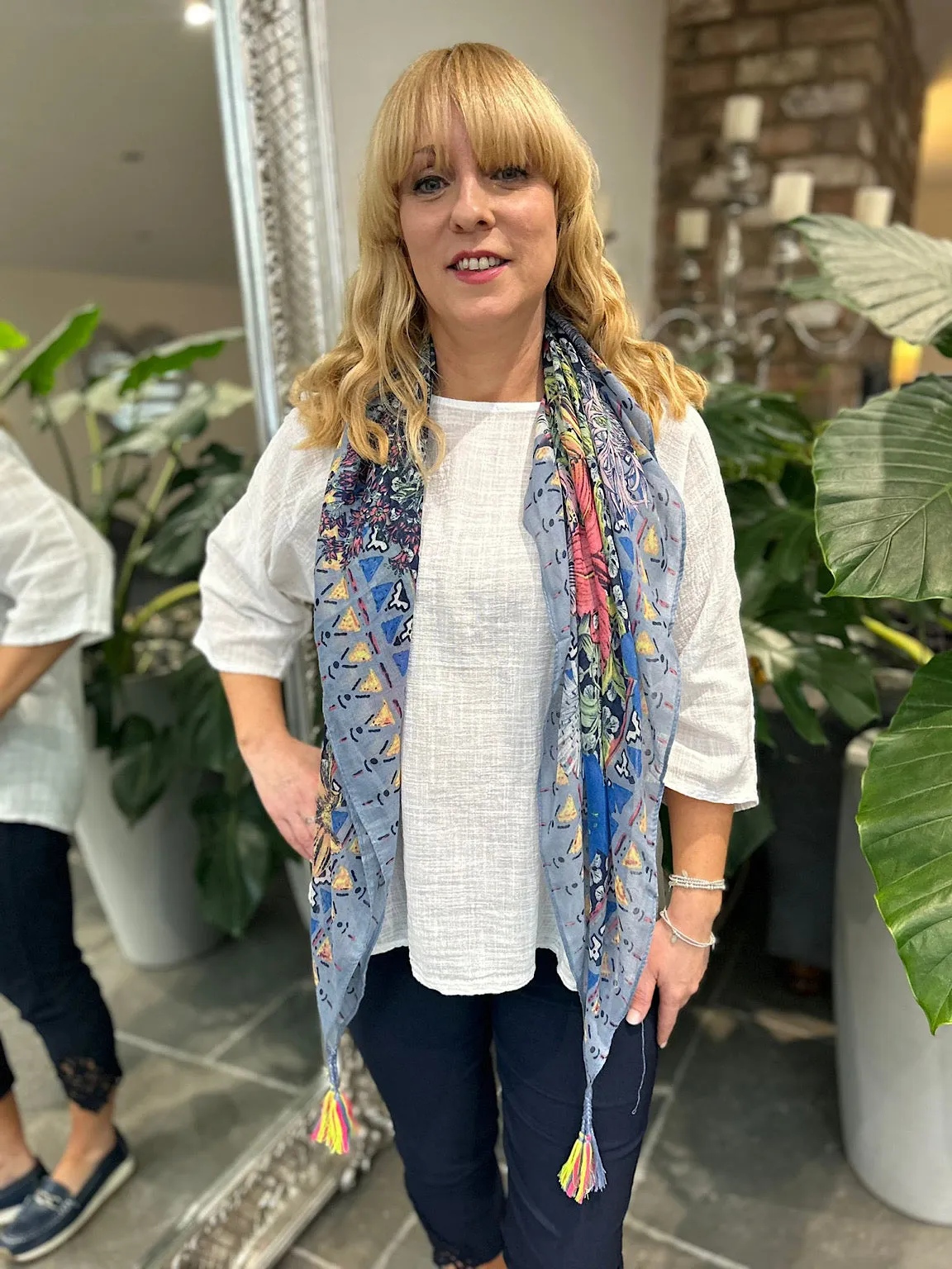 Denim Floral Aztec Border Tassel Scarf