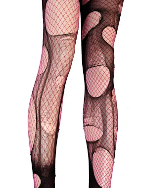 Double layered tattered & torn fishnet tights | pink / Black