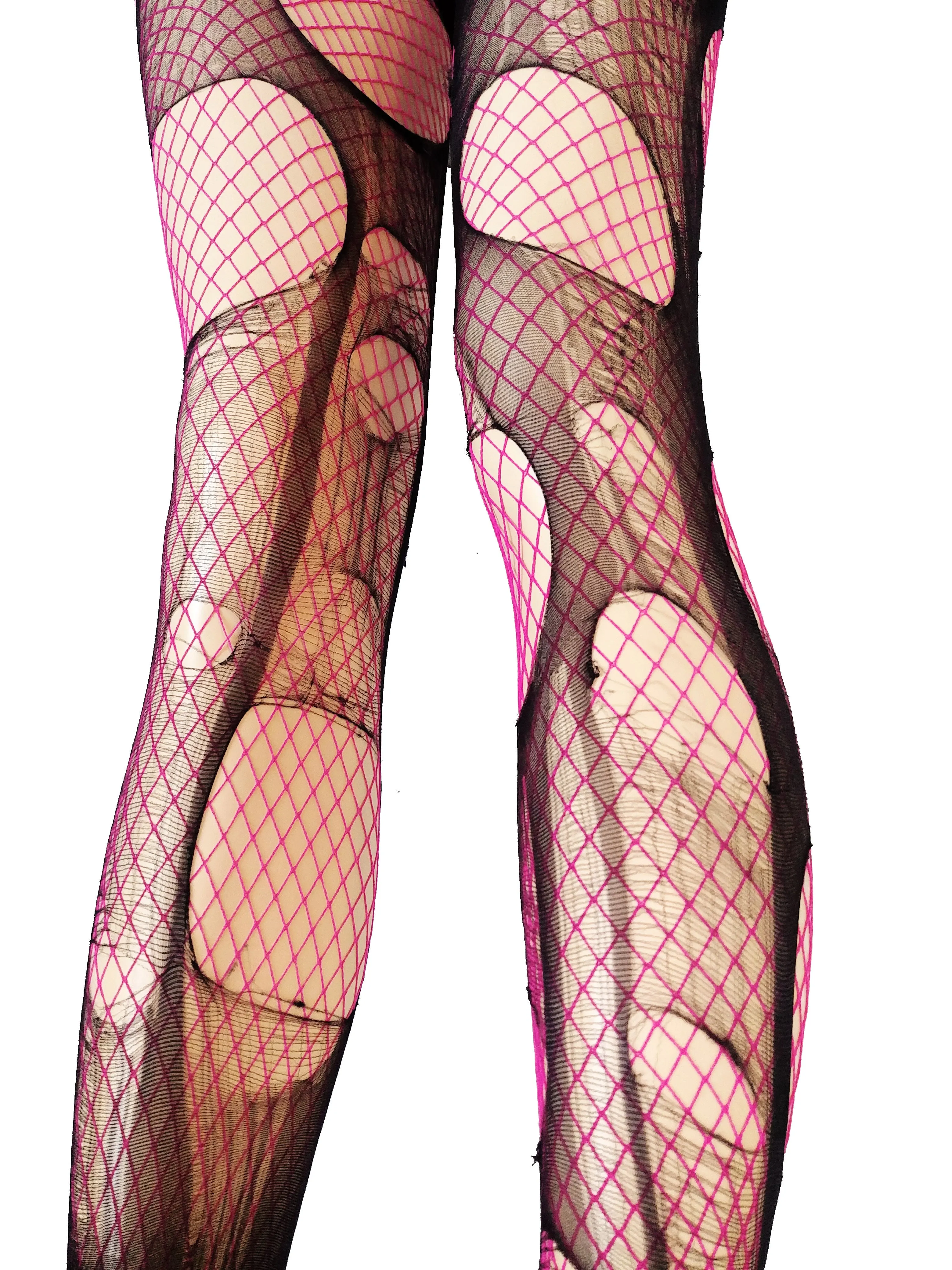 Double layered tattered & torn fishnet tights | pink / Black