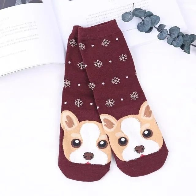 Funny Cartoon Pug Dog Patterned Cotton Short Ankle Socks for Women