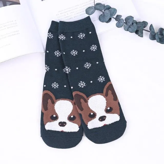 Funny Cartoon Pug Dog Patterned Cotton Short Ankle Socks for Women