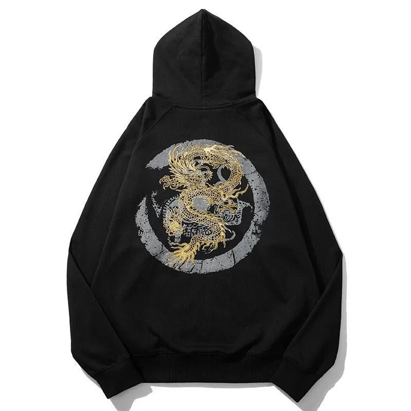 Heavy embroidery gold dragon sweatshirt men's loose autumn pure cotton Chinese style national trend jacket