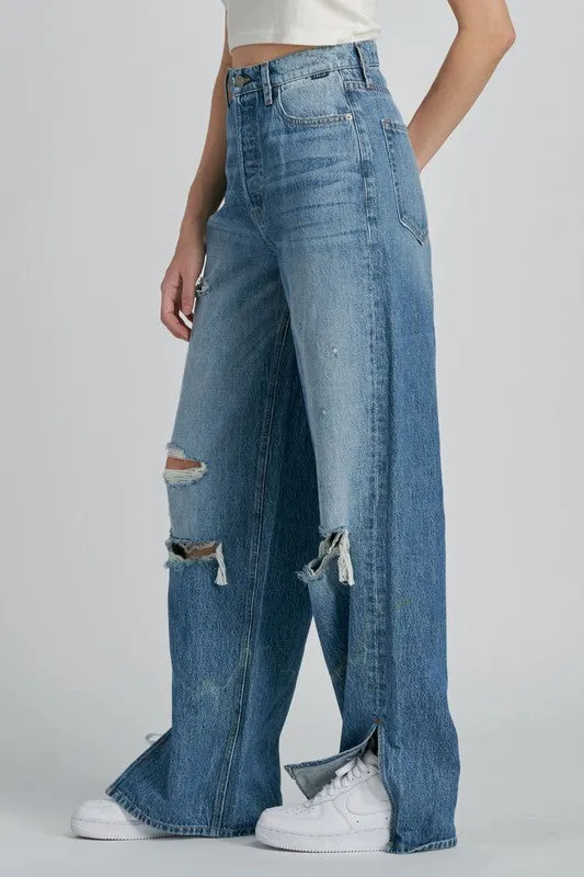 High Rise 90's Puddle Baggy Jean With Side Slit