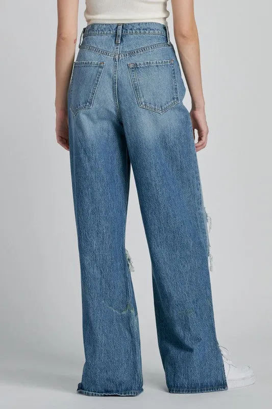 High Rise 90's Puddle Baggy Jean With Side Slit