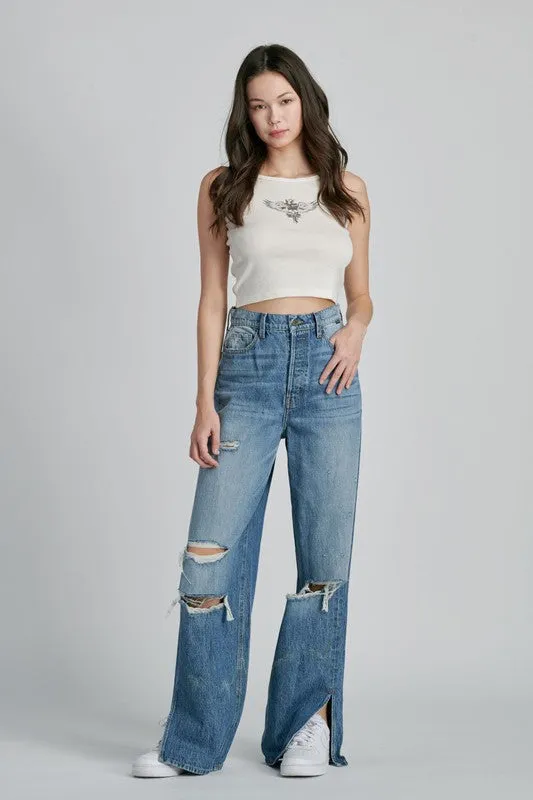 High Rise 90's Puddle Baggy Jean With Side Slit