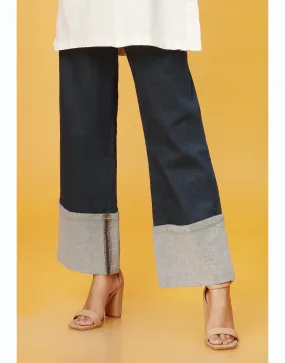 High Rise Wide Leg Jeans With Folded Hem in Dark Blue