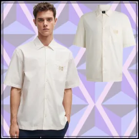 Hugo Boss  |Button-down Plain Cotton Short Sleeves Logo Shirts