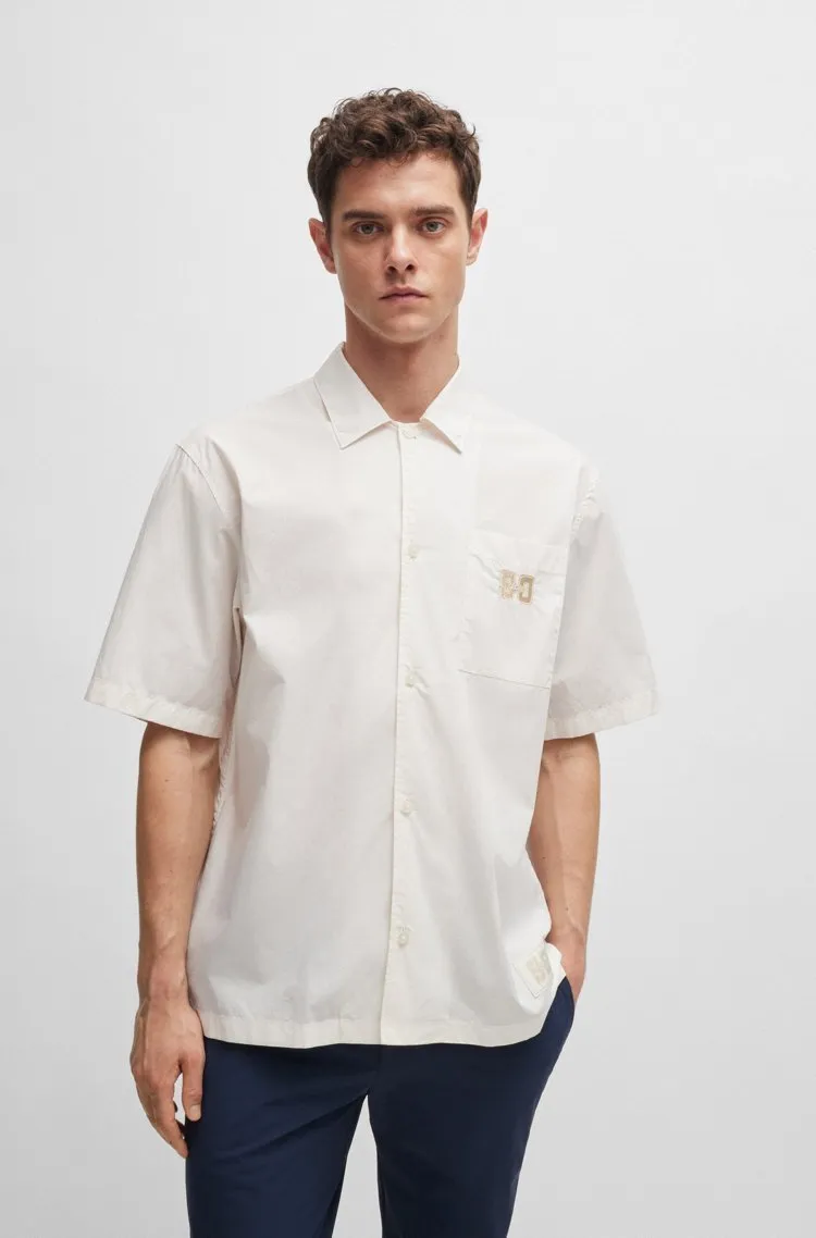 Hugo Boss  |Button-down Plain Cotton Short Sleeves Logo Shirts