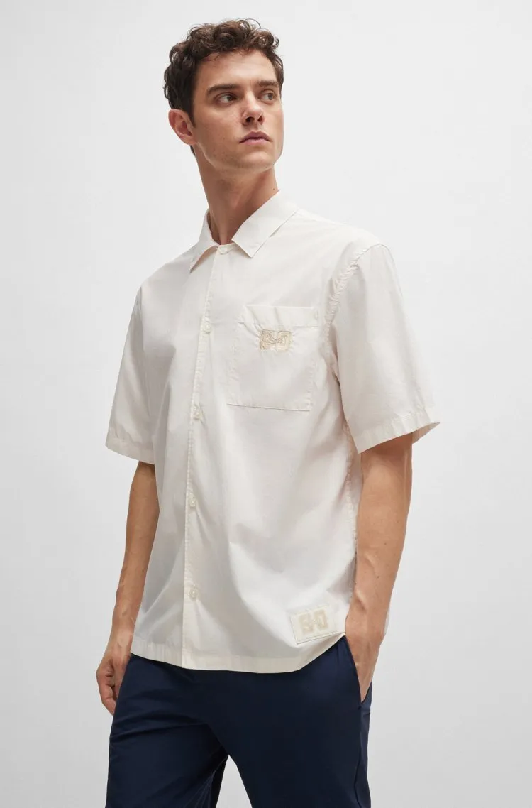 Hugo Boss  |Button-down Plain Cotton Short Sleeves Logo Shirts