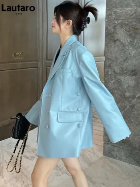 Leather Blazer Spring Autumn Blue Oversized Soft Leather Blazer Jacket Women with Back Slit Long Sleeve Luxury Designer Outerwea