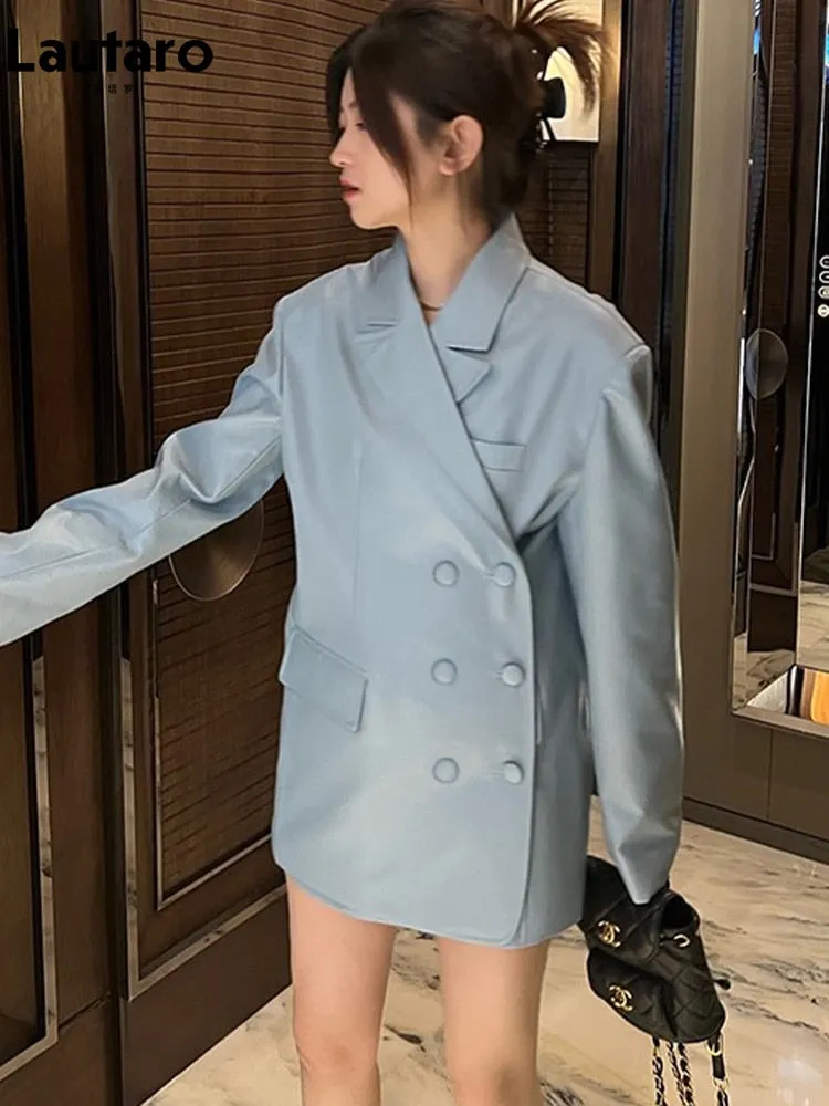 Leather Blazer Spring Autumn Blue Oversized Soft Leather Blazer Jacket Women with Back Slit Long Sleeve Luxury Designer Outerwea