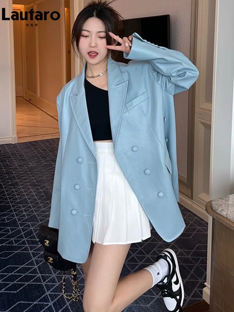 Leather Blazer Spring Autumn Blue Oversized Soft Leather Blazer Jacket Women with Back Slit Long Sleeve Luxury Designer Outerwea