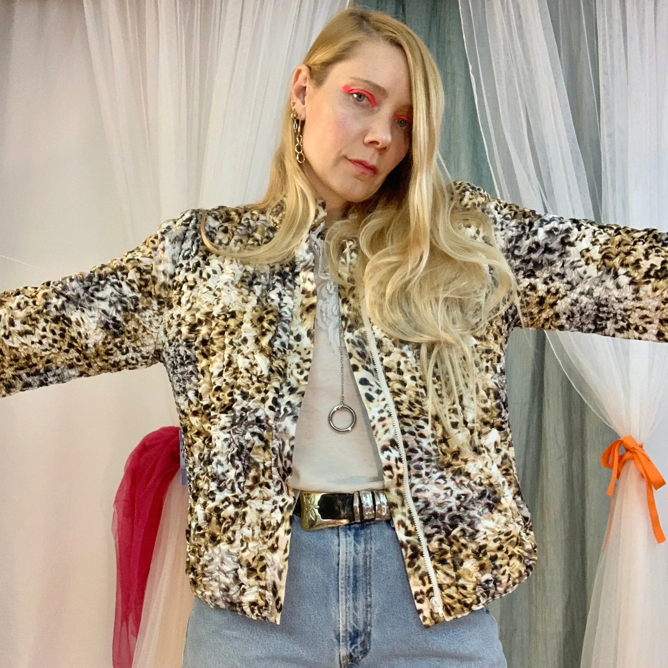 Leopard print satin scrunch bomber