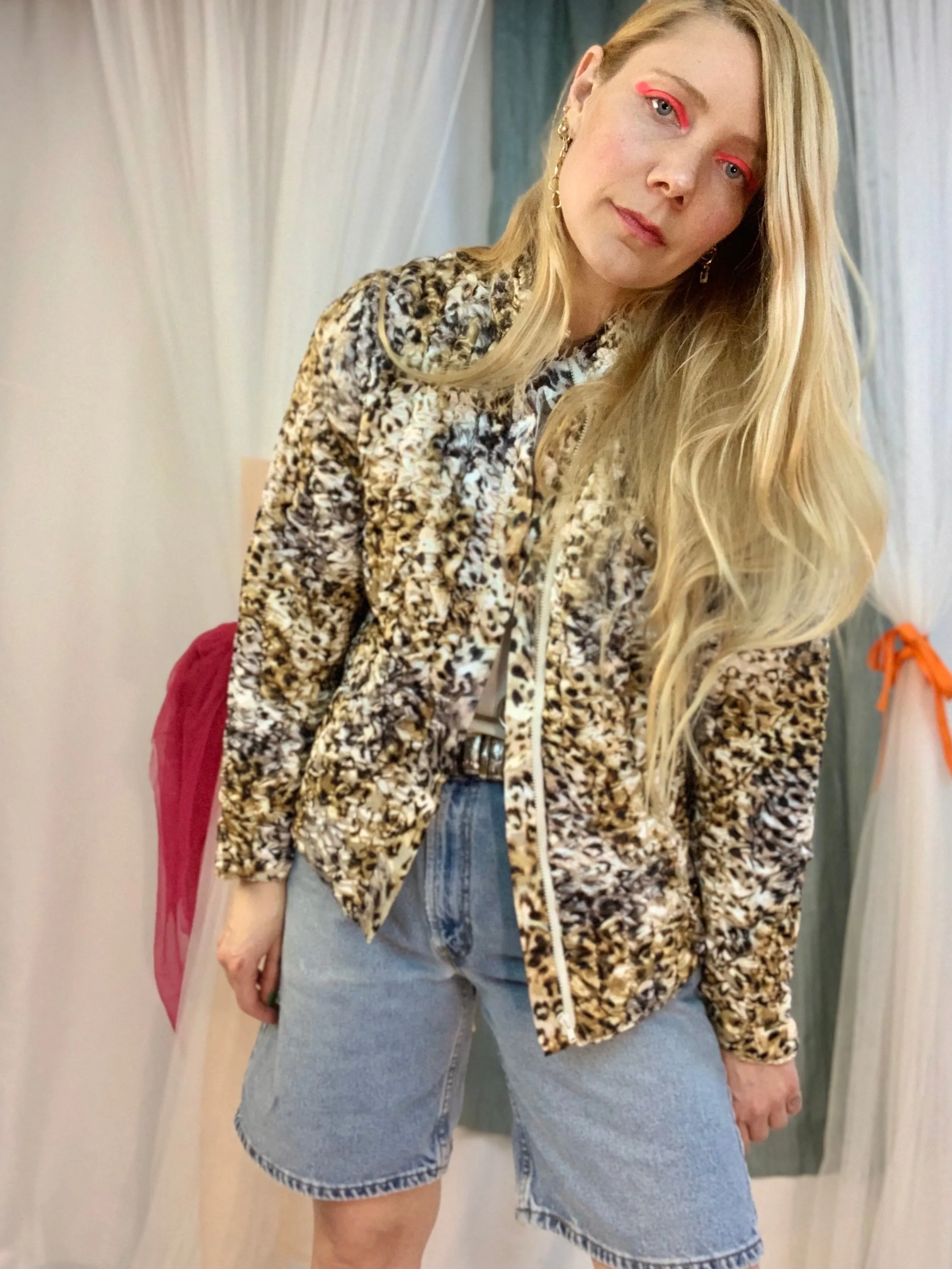 Leopard print satin scrunch bomber