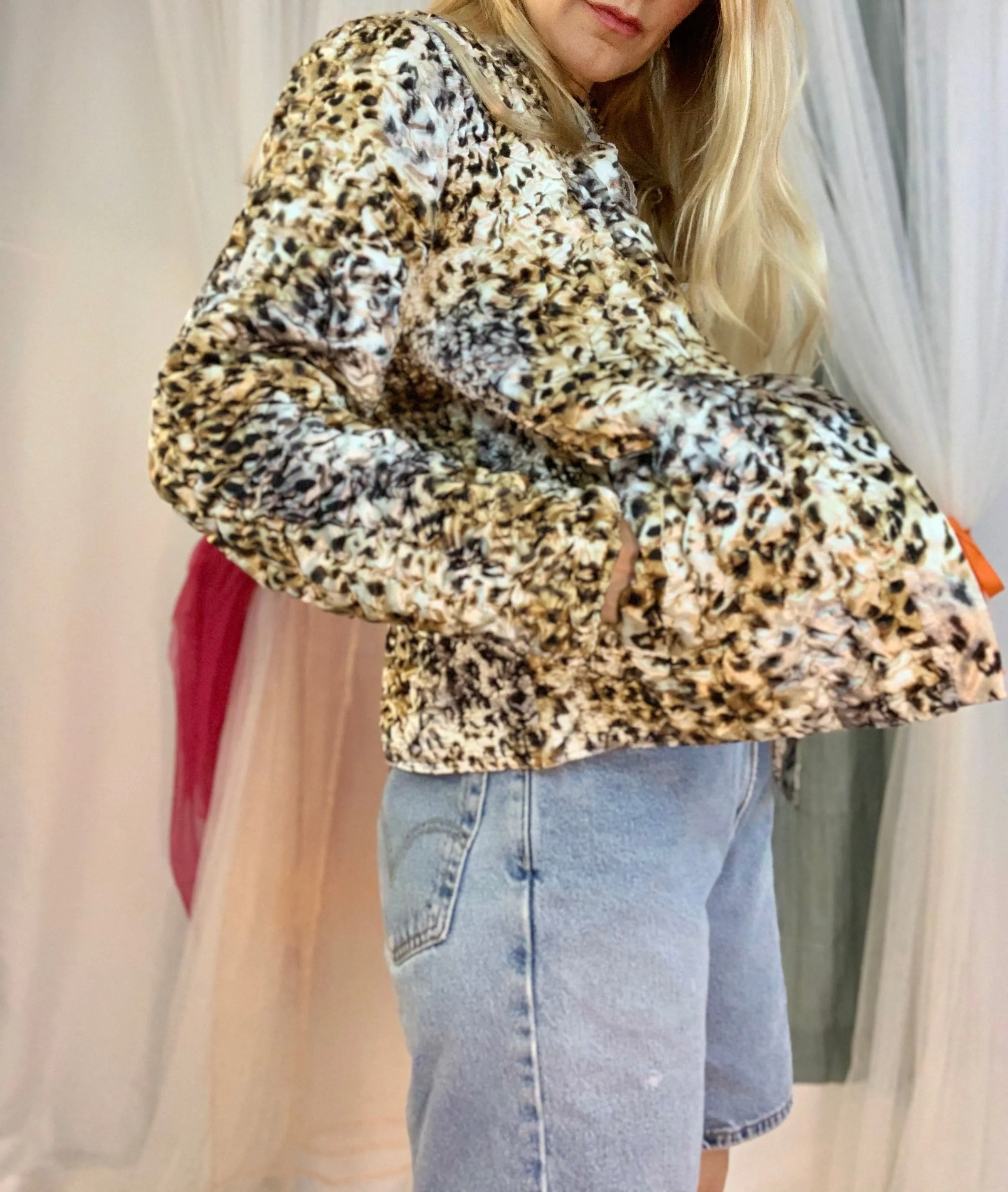 Leopard print satin scrunch bomber