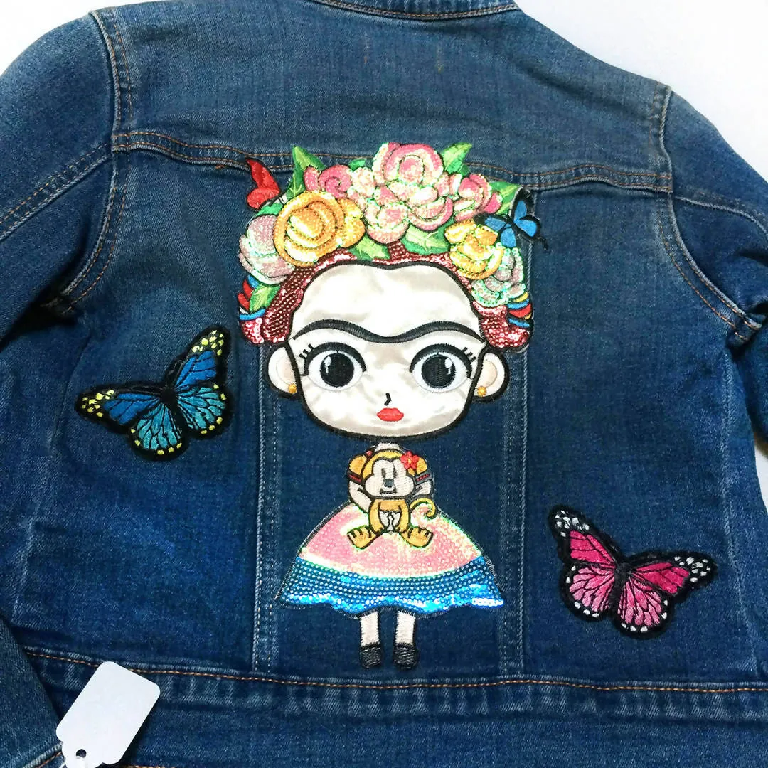 Maggie Devos - Child size Jean jacket-Frida w/butterflies - Child Size S 6/7