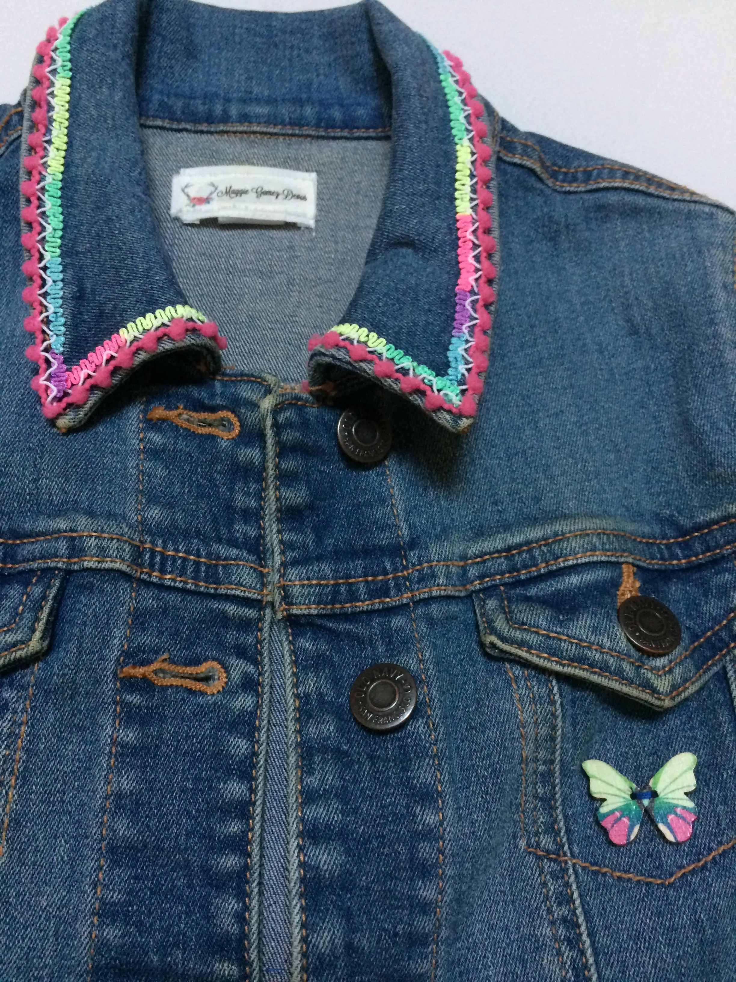 Maggie Devos - Child size Jean jacket-Frida w/butterflies - Child Size S 6/7