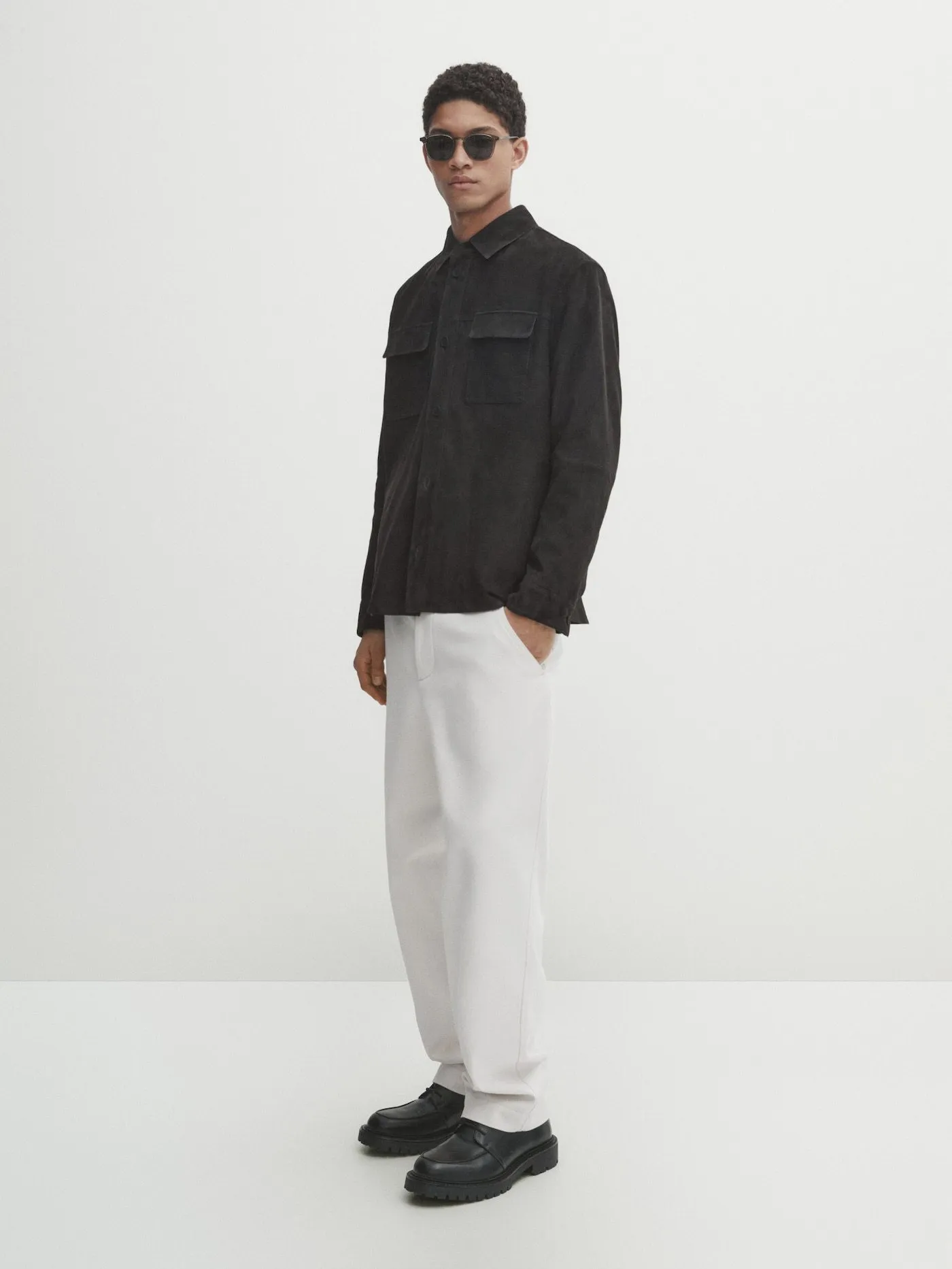 Massimo Dutti  |Button-down Suede Long Sleeves Plain Leather Cotton