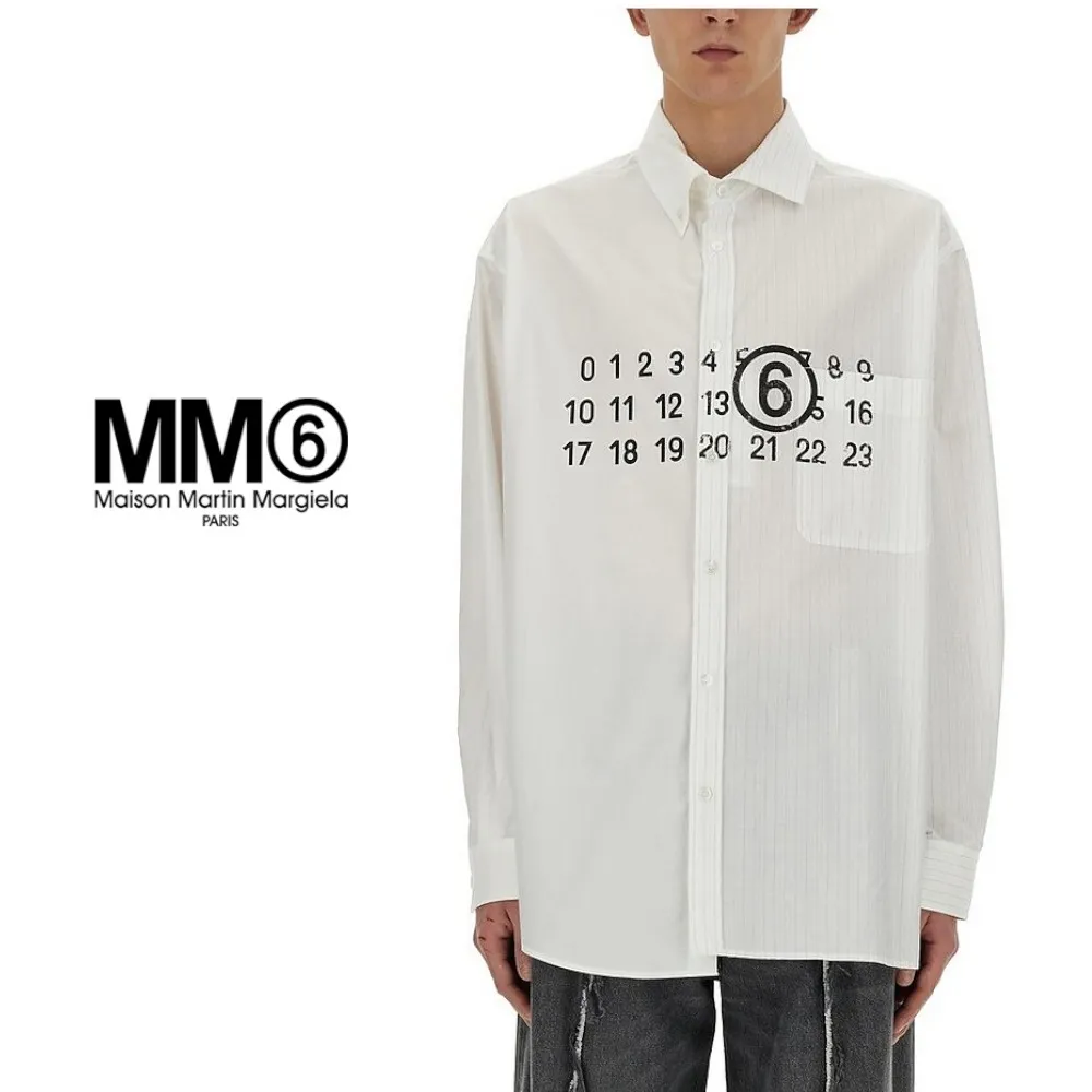 MM6 Maison Margiela  |Button-down Stripes Long Sleeves Cotton Oversized Logo