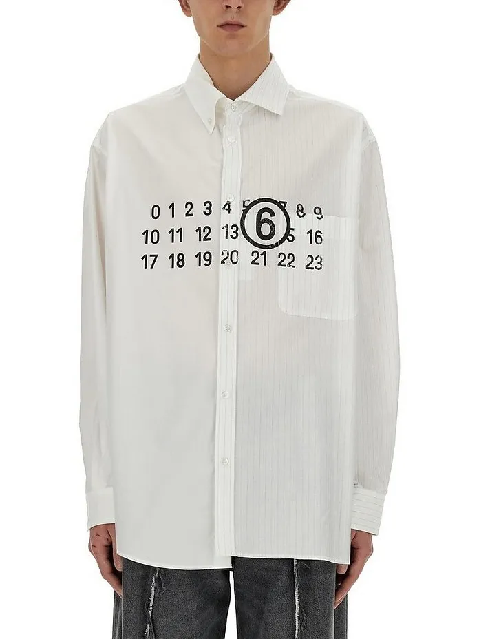 MM6 Maison Margiela  |Button-down Stripes Long Sleeves Cotton Oversized Logo