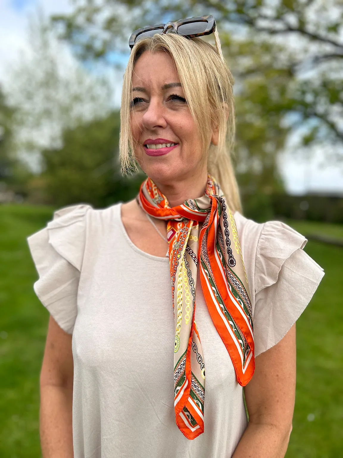 Orange Silk Style Multi Chain Patterned Scarf