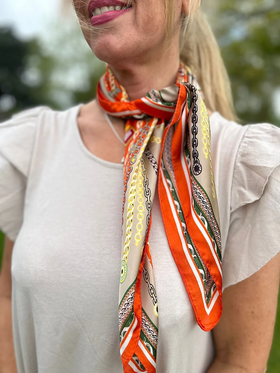 Orange Silk Style Multi Chain Patterned Scarf