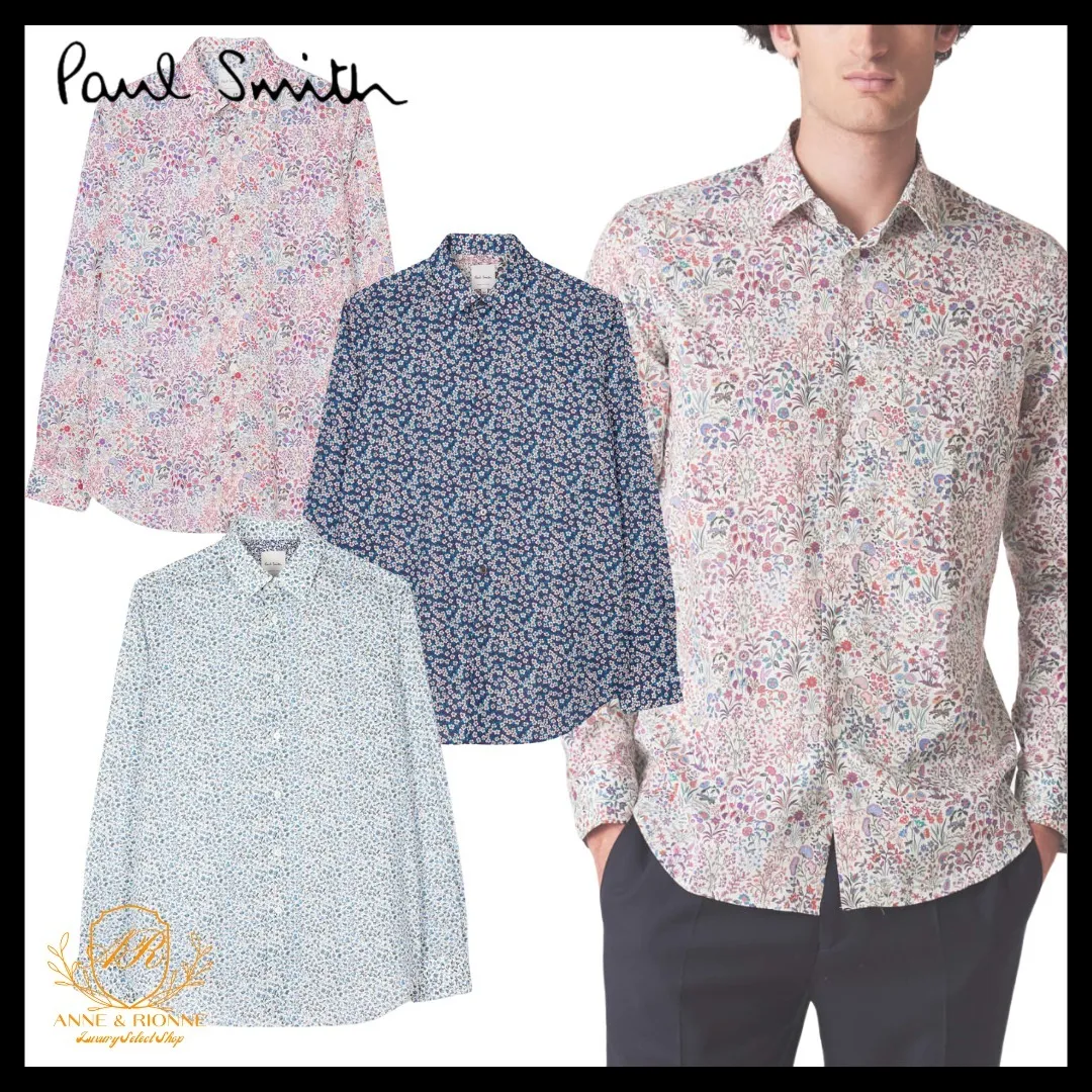 Paul Smith  |Button-down Flower Patterns Long Sleeves Cotton Logo Shirts