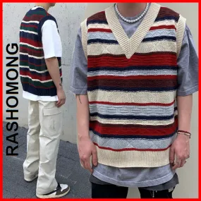 RASHOMONG  |Stripes Unisex Street Style Oversized Vests & Gillets