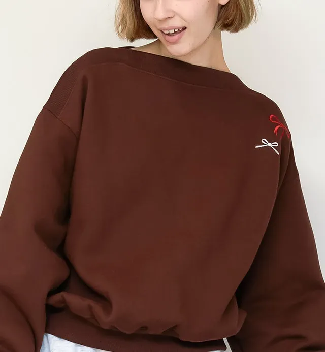 RONRON  |Blended Fabrics Boat Neck Long Sleeves Oversized Logo