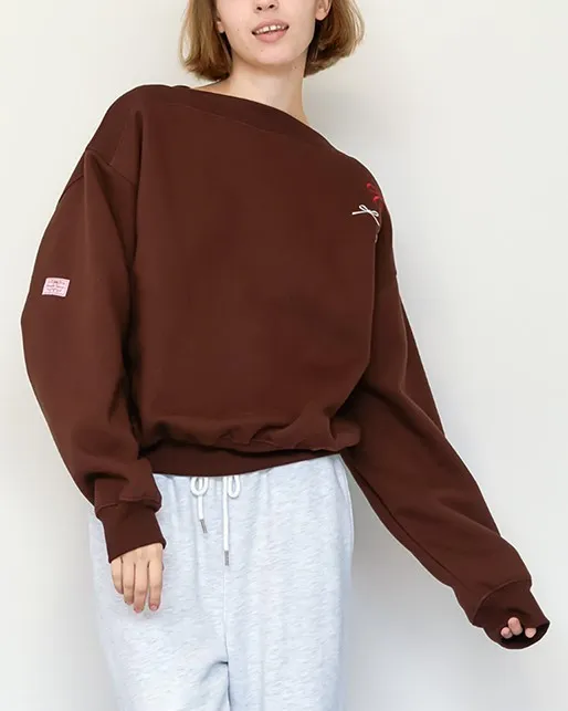 RONRON  |Blended Fabrics Boat Neck Long Sleeves Oversized Logo