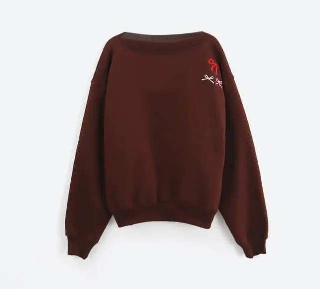 RONRON  |Blended Fabrics Boat Neck Long Sleeves Oversized Logo