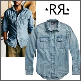 RRL  |Button-down Denim Long Sleeves Plain Cotton Logo Surf Style